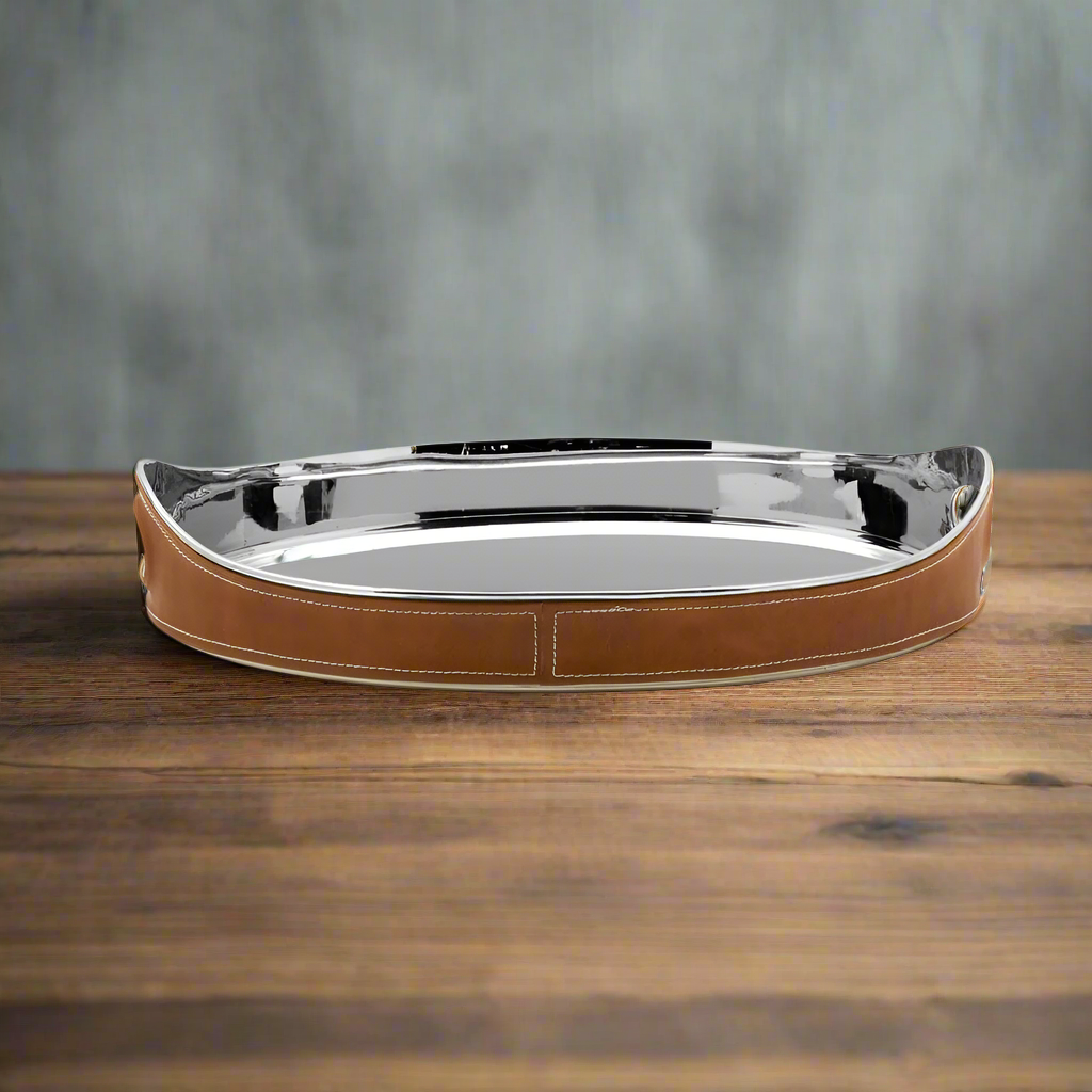 Faux Leather Stitched Oval Serving Bar Tray